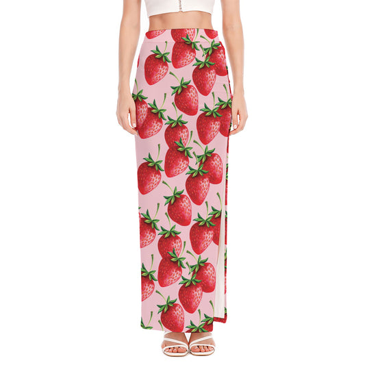 Strawberry Fruit Pattern Print High Slit Maxi Skirt