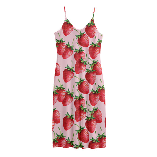 Strawberry Fruit Pattern Print Jersey Midi Cami Dress