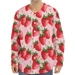 Strawberry Fruit Pattern Print Long Sleeve Baseball Jersey