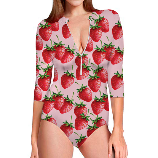 Strawberry Fruit Pattern Print Long Sleeve Swimsuit