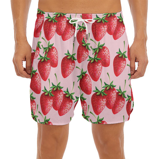 Strawberry Fruit Pattern Print Men's Split Running Shorts