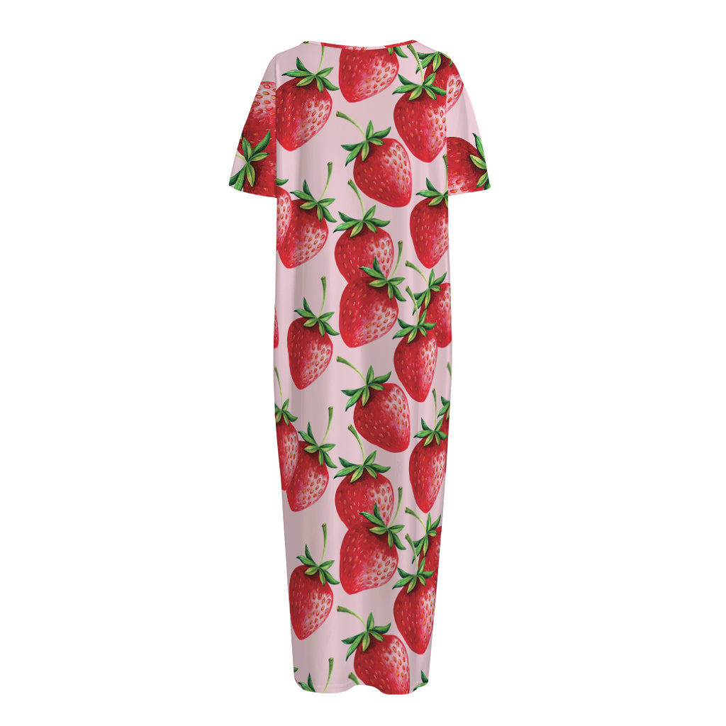 Strawberry Fruit Pattern Print Short Sleeve Long Nightdress