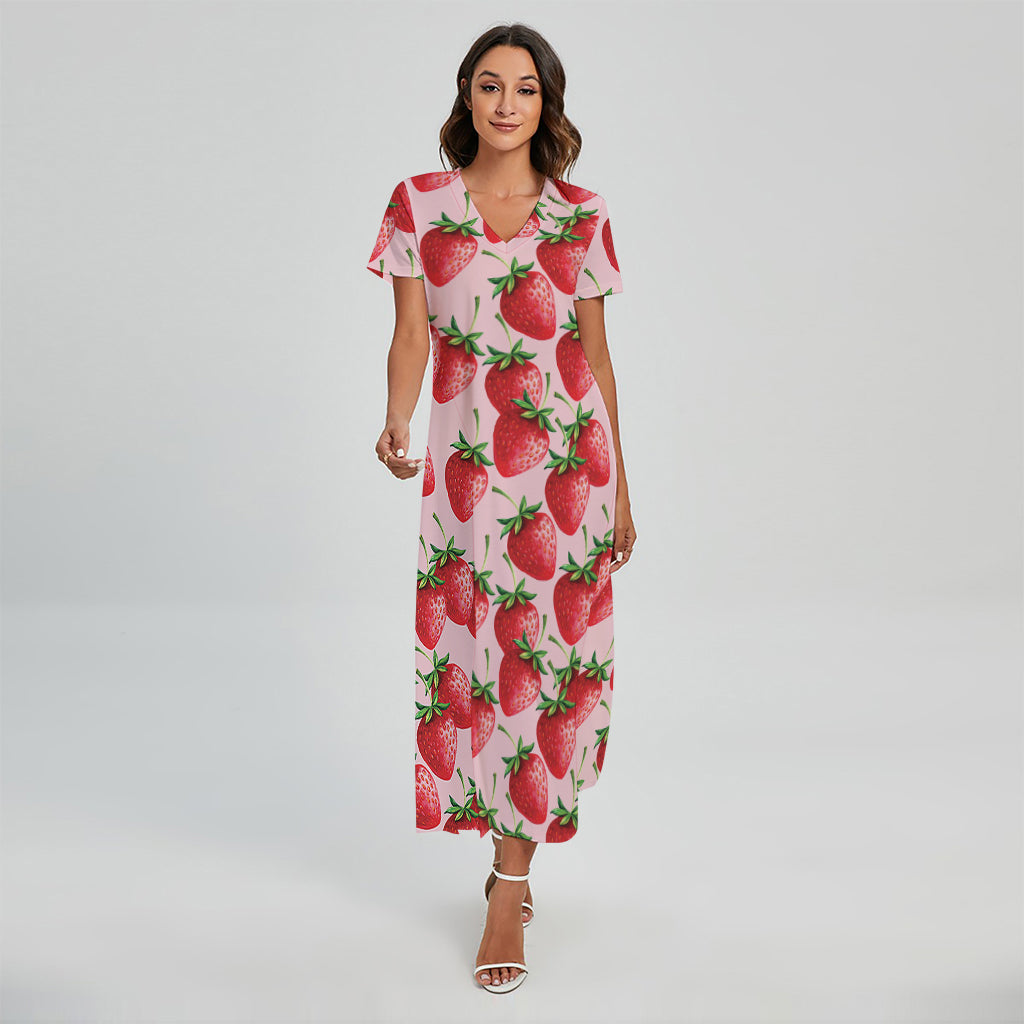 Strawberry Fruit Pattern Print Short Sleeve Maxi Dress