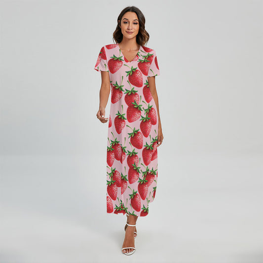 Strawberry Fruit Pattern Print Short Sleeve Maxi Dress