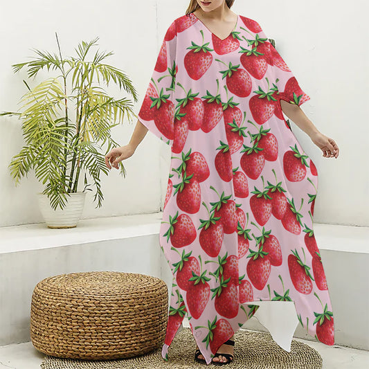 Strawberry Fruit Pattern Print Silk V-Neck Kaftan Dress