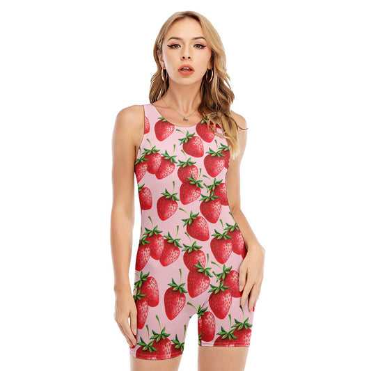 Strawberry Fruit Pattern Print Sleeveless One Piece Swimsuit