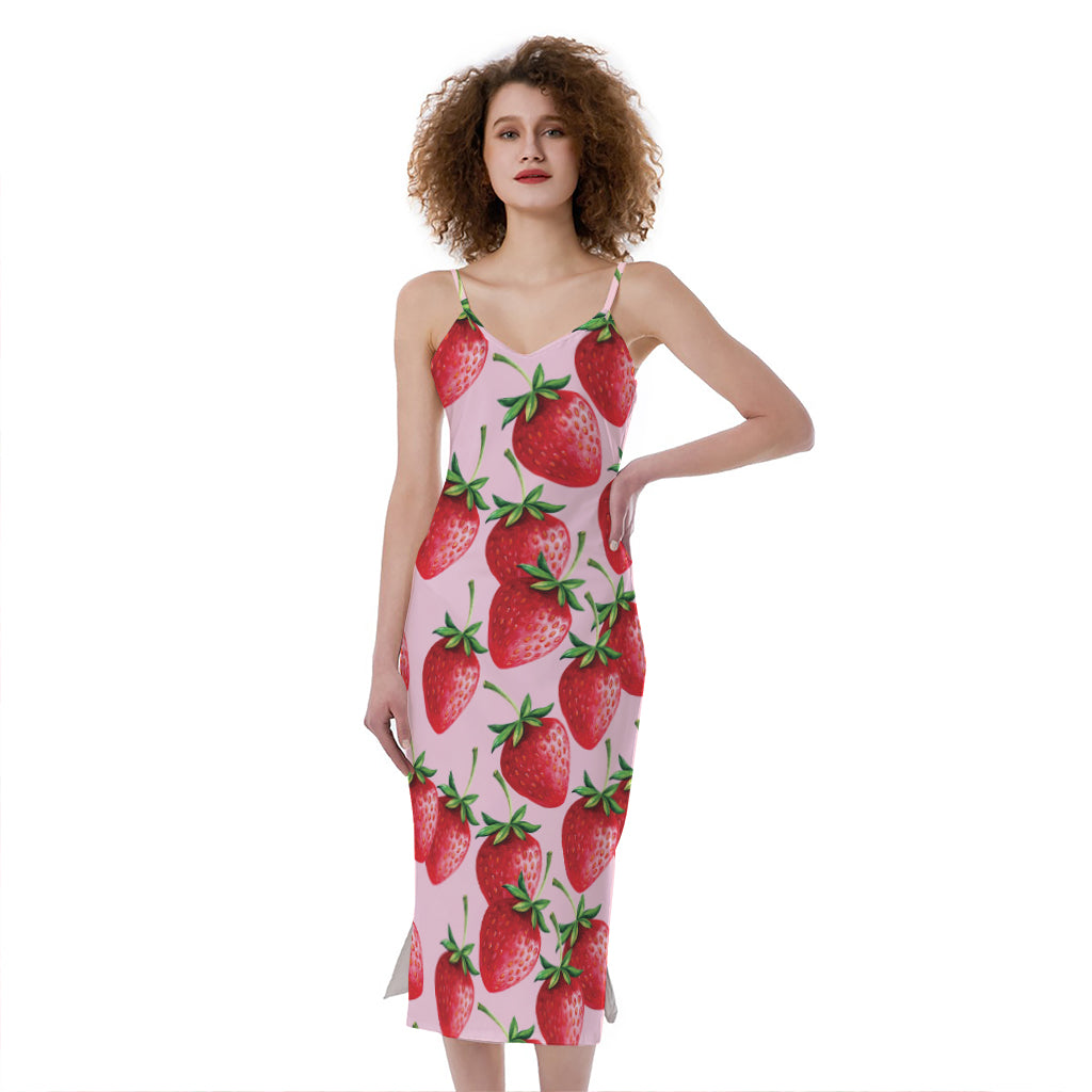 Strawberry Fruit Pattern Print Slim Fit Midi Cami Dress