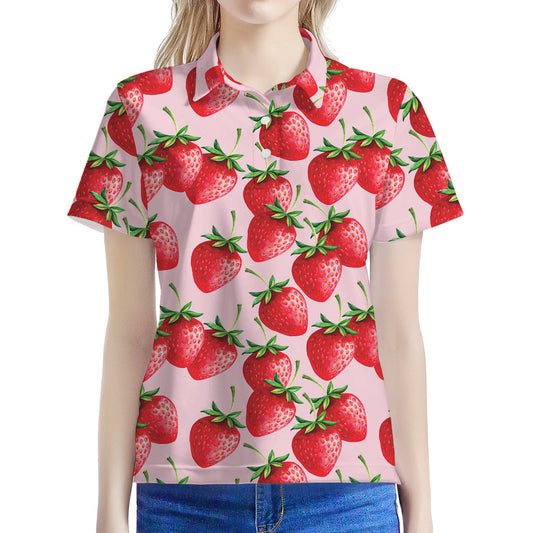 Strawberry Fruit Pattern Print Women's Polo Shirt