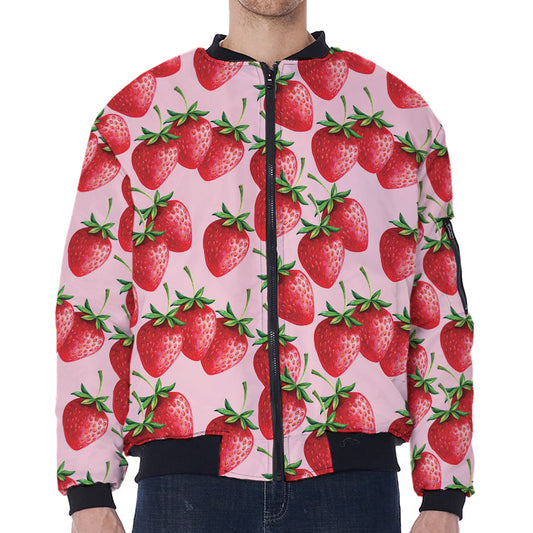 Strawberry Fruit Pattern Print Zip Sleeve Bomber Jacket