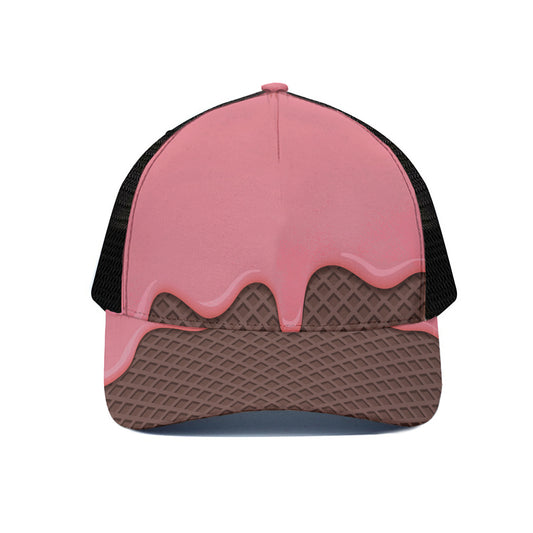 Strawberry Ice Cream Melted Print Black Mesh Trucker Cap