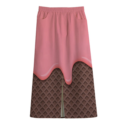 Strawberry Ice Cream Melted Print Cotton Front Slit Maxi Skirt
