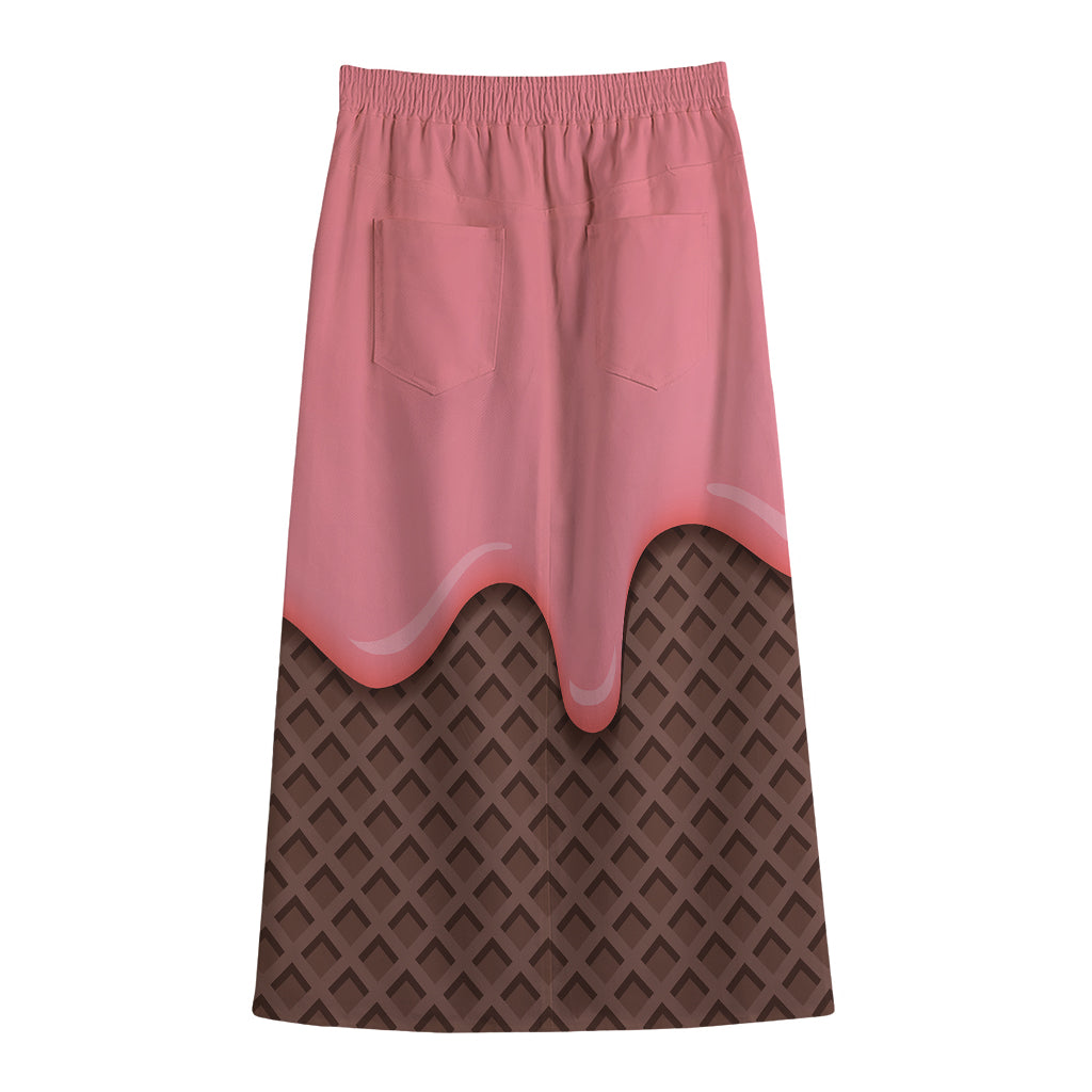 Strawberry Ice Cream Melted Print Cotton Front Slit Maxi Skirt