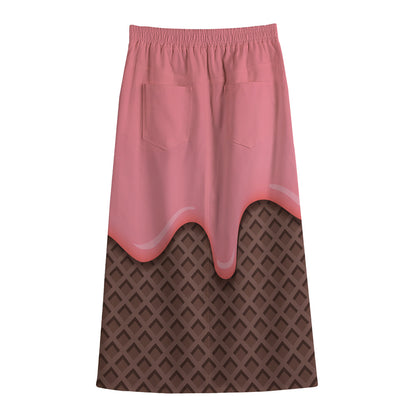 Strawberry Ice Cream Melted Print Cotton Front Slit Maxi Skirt