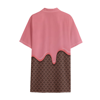 Strawberry Ice Cream Melted Print Cotton Hawaiian Shirt