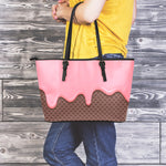 Strawberry Ice Cream Melted Print Leather Tote Bag