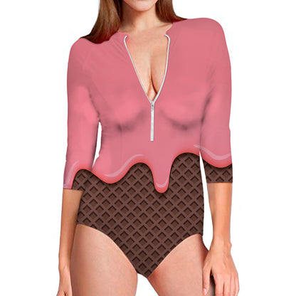 Strawberry Ice Cream Melted Print Long Sleeve Swimsuit