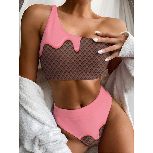 Strawberry Ice Cream Melted Print One Shoulder Bikini Top