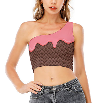 Strawberry Ice Cream Melted Print One Shoulder Crop Top