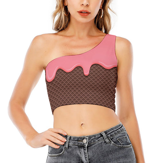 Strawberry Ice Cream Melted Print One Shoulder Crop Top