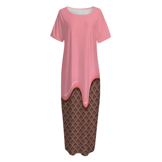 Strawberry Ice Cream Melted Print Short Sleeve Long Nightdress