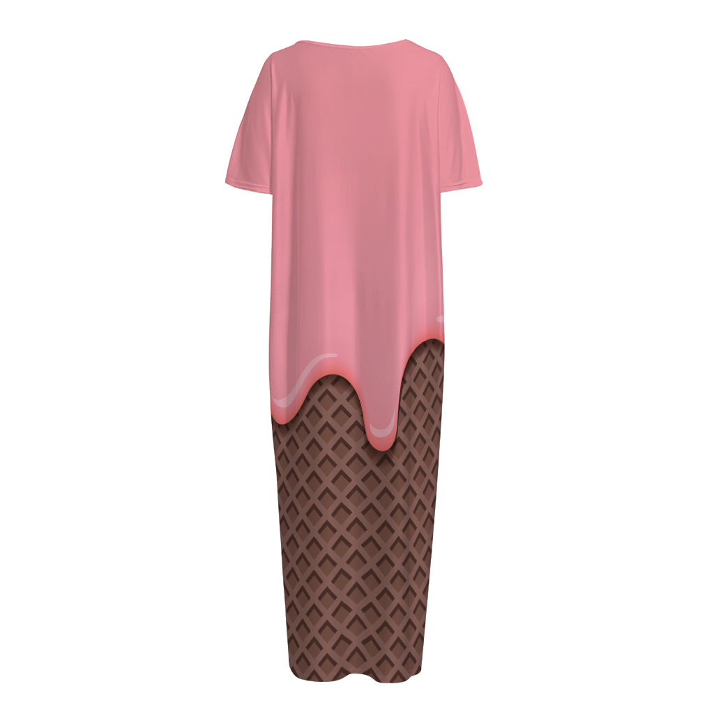 Strawberry Ice Cream Melted Print Short Sleeve Long Nightdress
