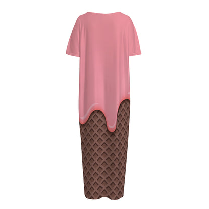 Strawberry Ice Cream Melted Print Short Sleeve Long Nightdress