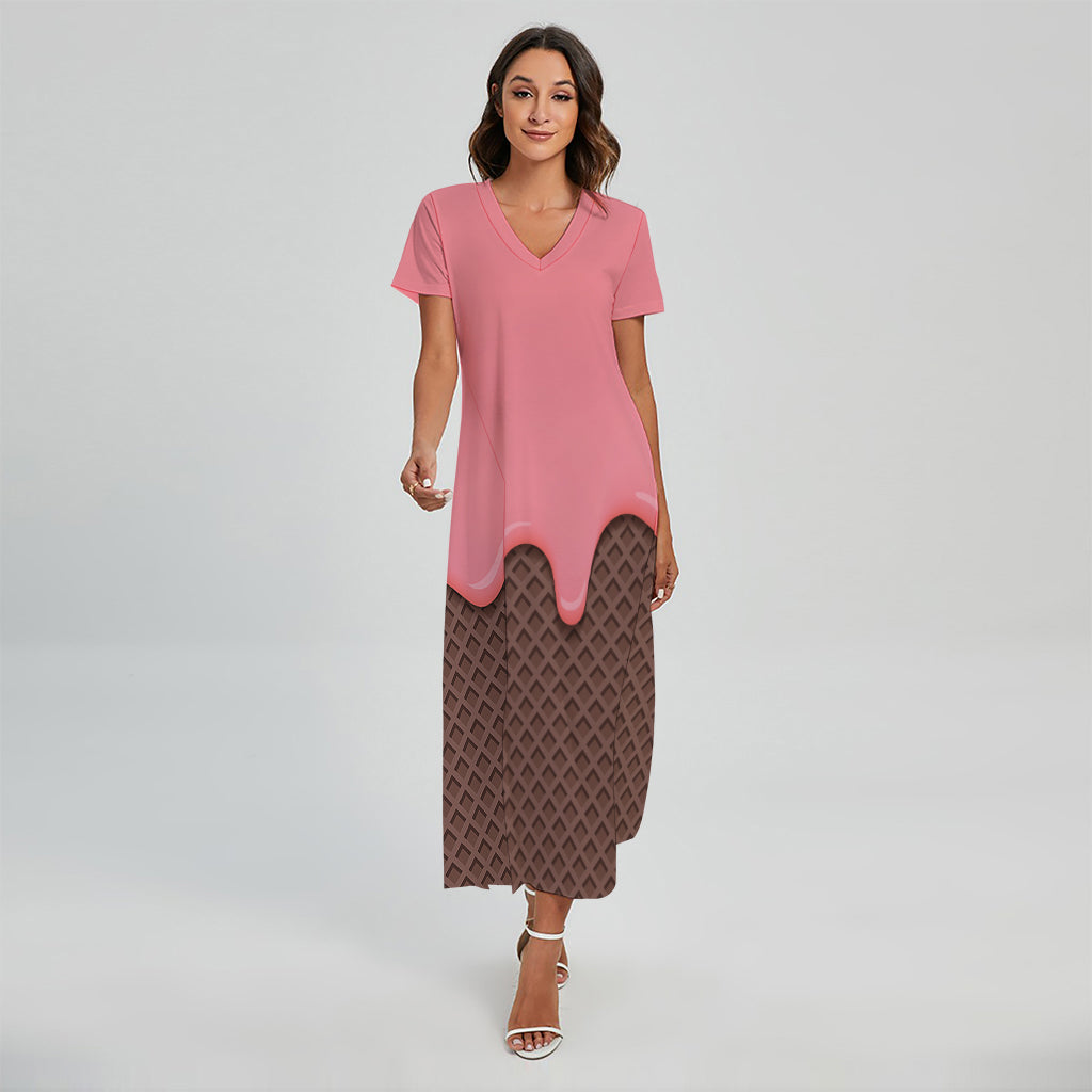 Strawberry Ice Cream Melted Print Short Sleeve Maxi Dress