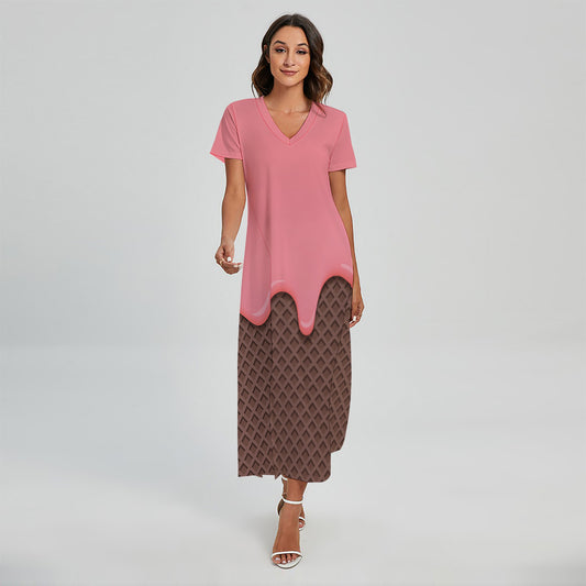 Strawberry Ice Cream Melted Print Short Sleeve Maxi Dress