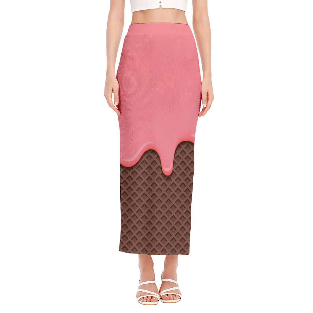 Strawberry Ice Cream Melted Print Side Slit Maxi Skirt