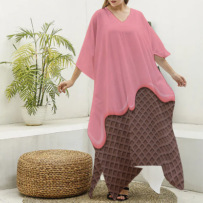 Strawberry Ice Cream Melted Print Silk V-Neck Kaftan Dress