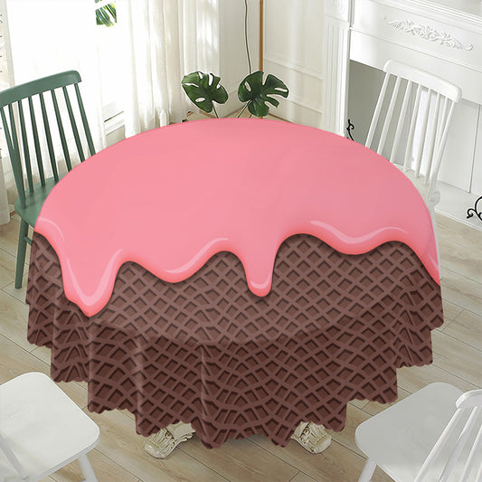 Strawberry Ice Cream Melted Print Waterproof Round Tablecloth
