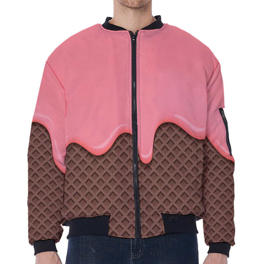 Strawberry Ice Cream Melted Print Zip Sleeve Bomber Jacket