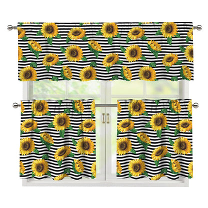 Stripe Sunflower Pattern Print 3 Piece Kitchen Curtains