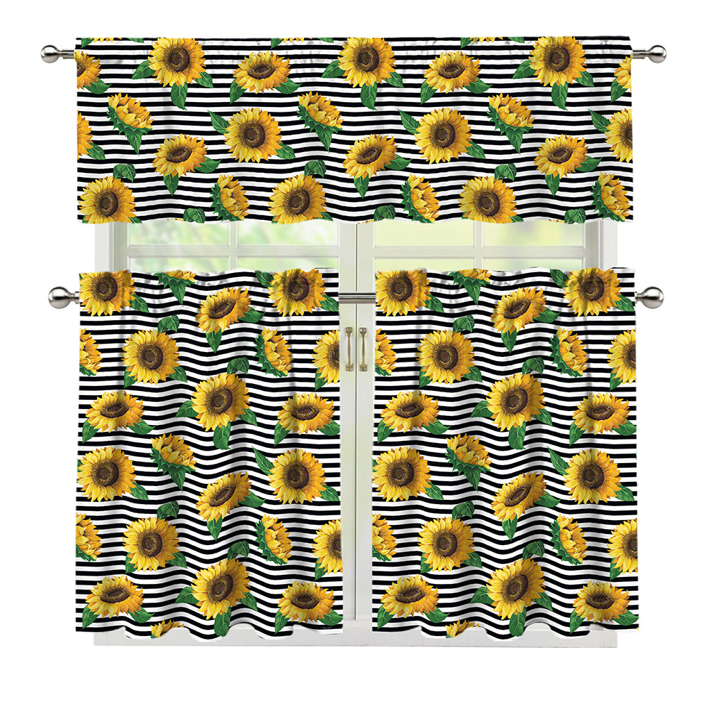 Stripe Sunflower Pattern Print 3 Piece Kitchen Curtains
