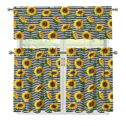 Stripe Sunflower Pattern Print 3 Piece Kitchen Curtains