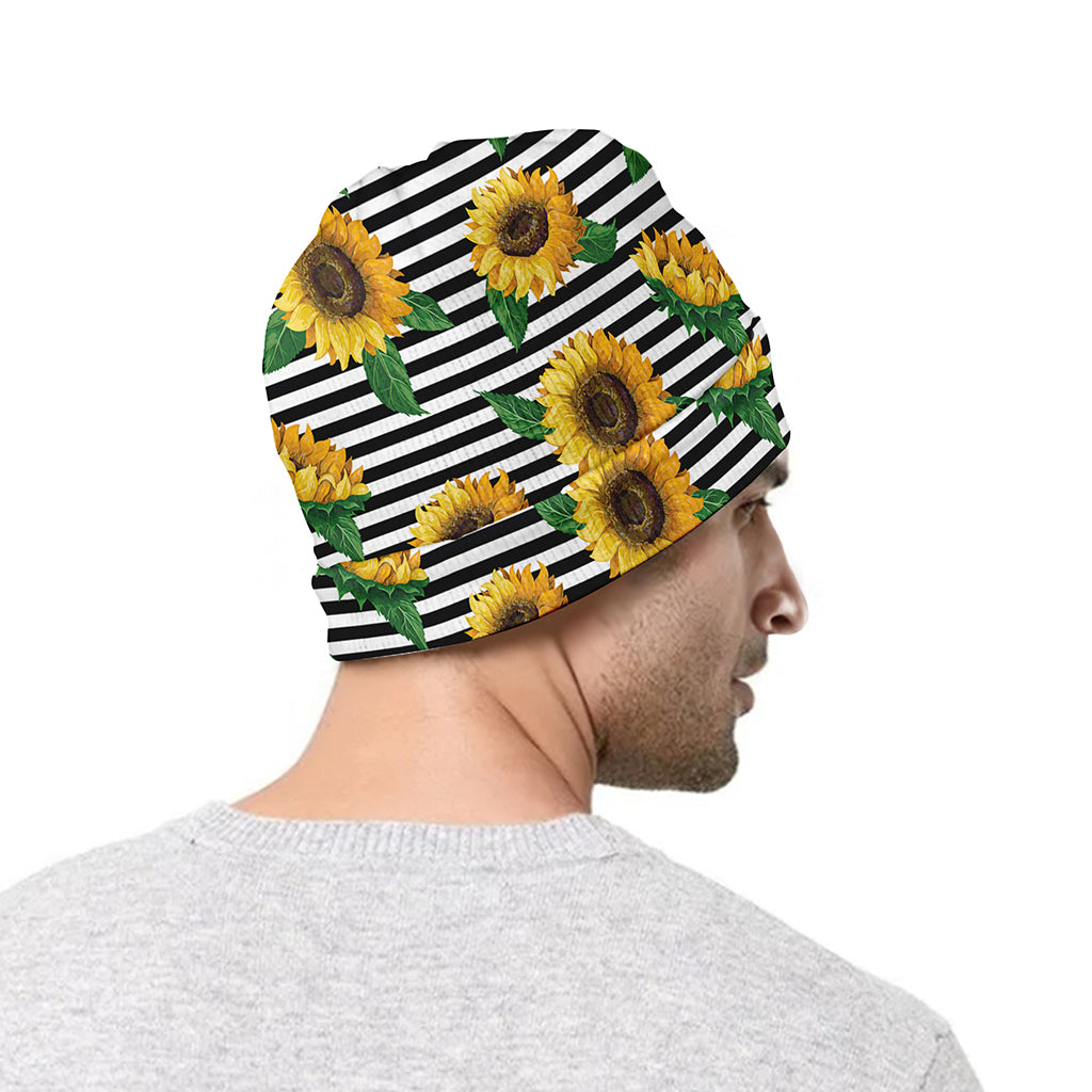 Stripe Sunflower Pattern Print Beanie