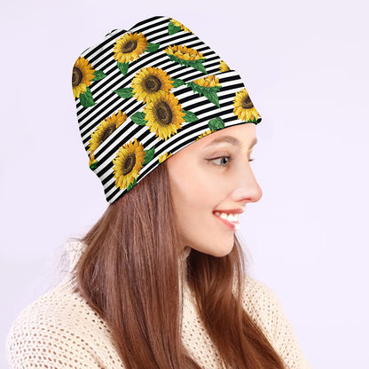 Stripe Sunflower Pattern Print Beanie
