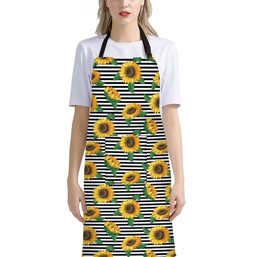 Stripe Sunflower Pattern Print Bib Apron With Pocket