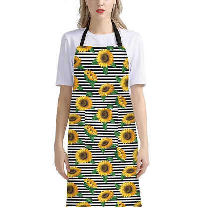 Stripe Sunflower Pattern Print Bib Apron With Pocket