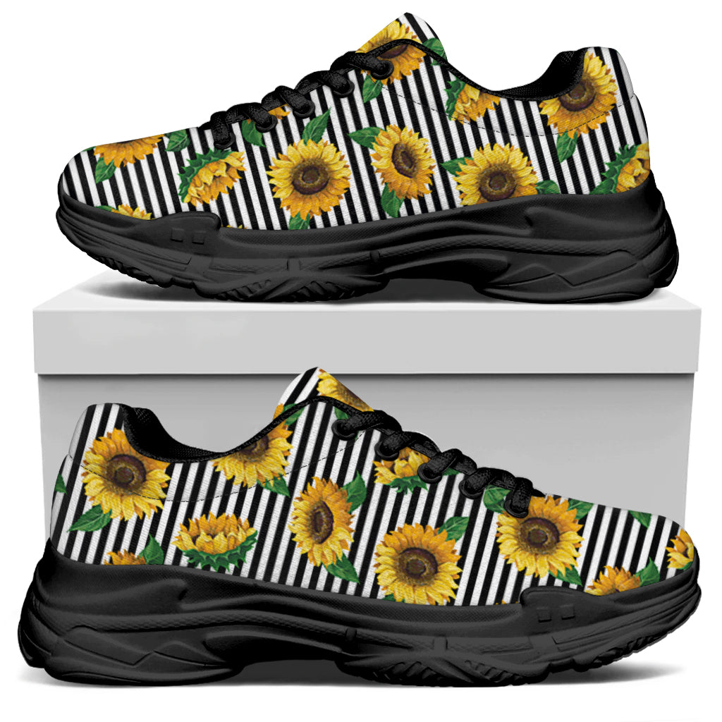 Stripe Sunflower Pattern Print Black Chunky Shoes