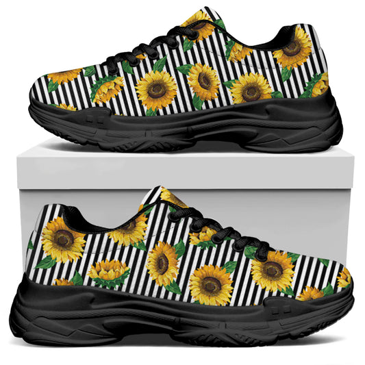 Stripe Sunflower Pattern Print Black Chunky Shoes