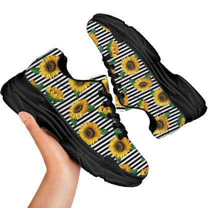 Stripe Sunflower Pattern Print Black Chunky Shoes
