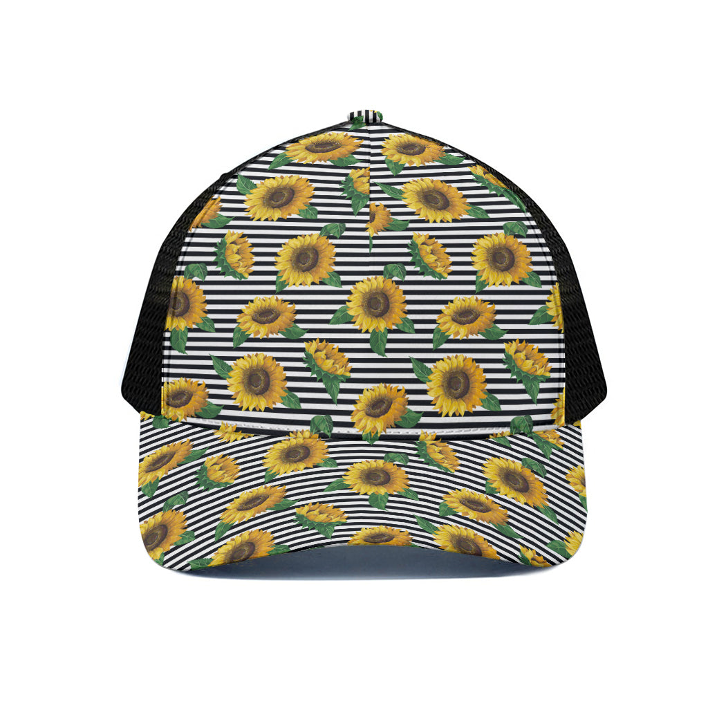Stripe Sunflower Pattern Print Black Mesh Trucker Cap