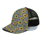 Stripe Sunflower Pattern Print Black Mesh Trucker Cap