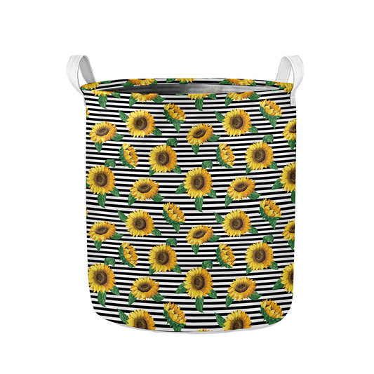 Stripe Sunflower Pattern Print Collapsible Laundry Basket