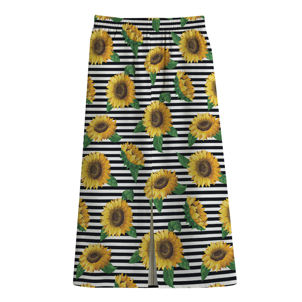 Stripe Sunflower Pattern Print Cotton Front Slit Maxi Skirt