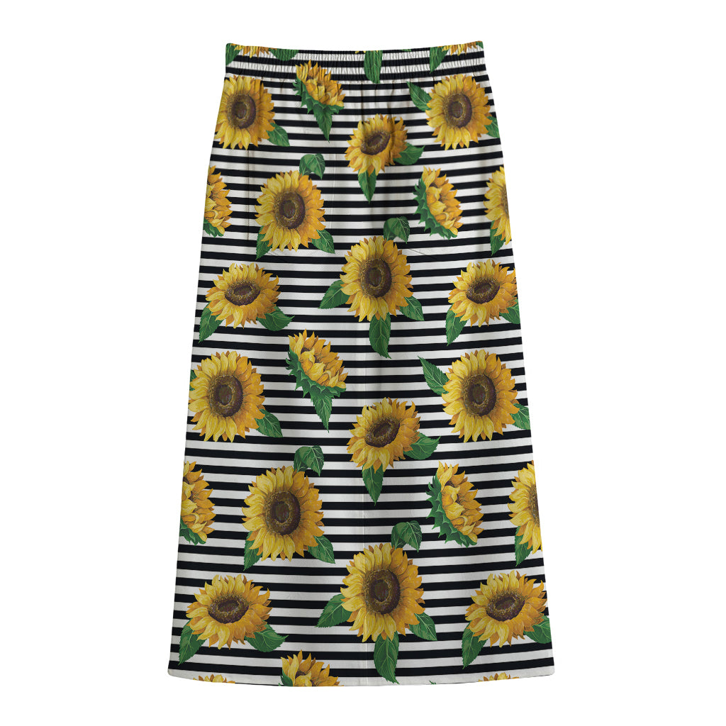 Stripe Sunflower Pattern Print Cotton Front Slit Maxi Skirt