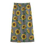 Stripe Sunflower Pattern Print Cotton Front Slit Maxi Skirt
