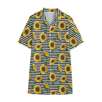 Stripe Sunflower Pattern Print Cotton Hawaiian Shirt