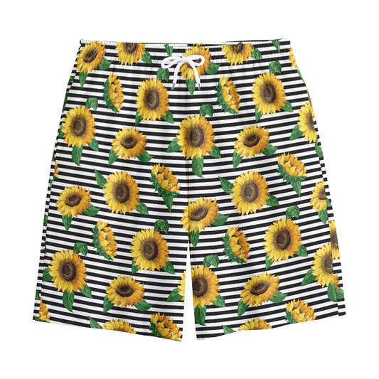 Stripe Sunflower Pattern Print Cotton Shorts
